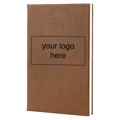 Dark brown leatherette journal mockup showing a logo engraving placement