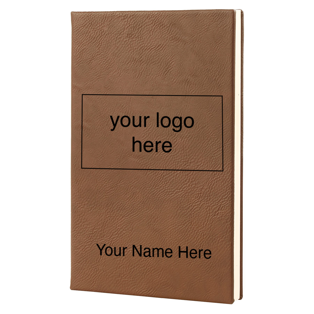 Dark brown leatherette journal mockup showing logo and name engraving placement