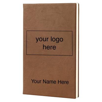 Dark brown leatherette journal mockup showing logo and name engraving placement