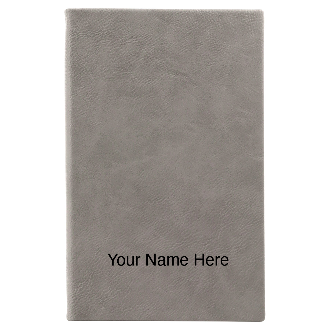 Gray leatherette journal mockup showing a name engraving placement
