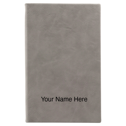 Gray leatherette journal mockup showing a name engraving placement