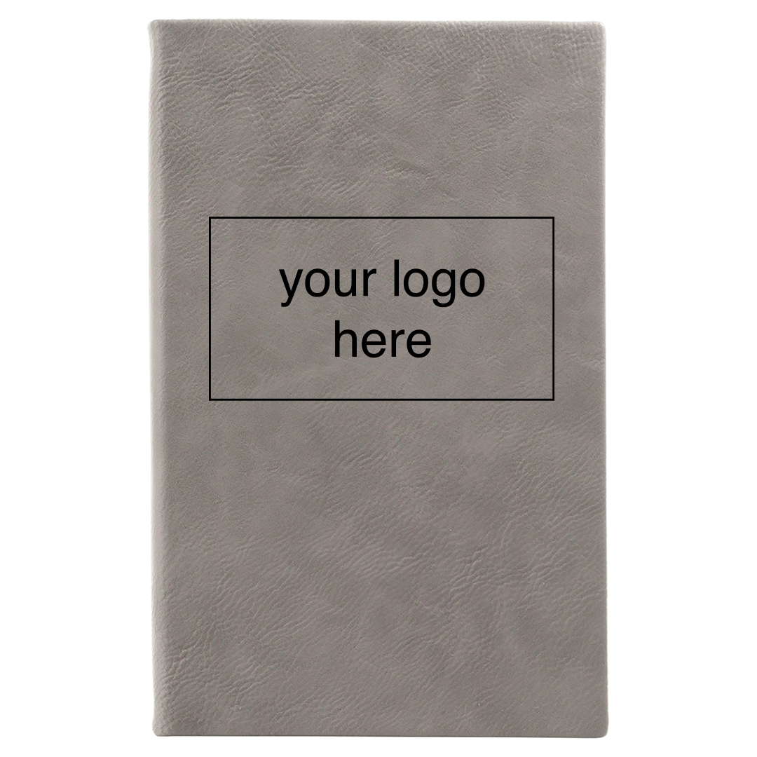 Gray leatherette journal mockup showing a logo engraving placement