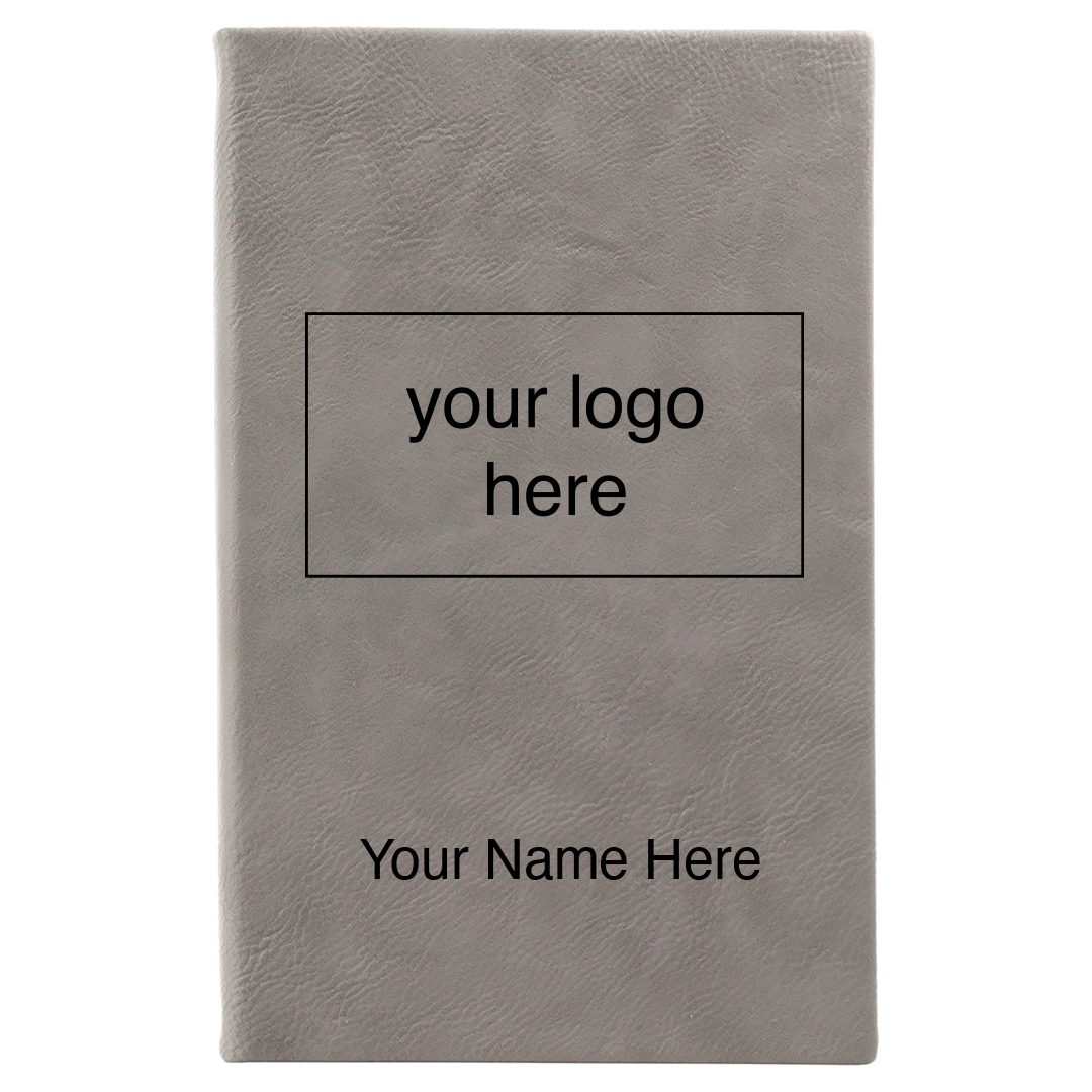 Gray leatherette journal mockup showing logo and name engraving placement