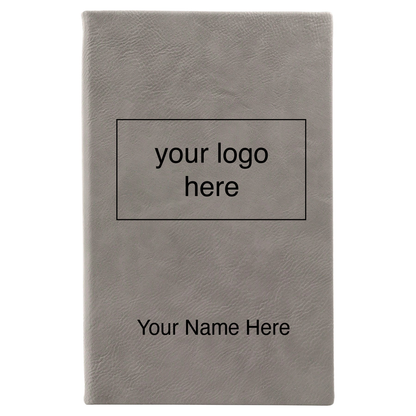 Gray leatherette journal mockup showing logo and name engraving placement