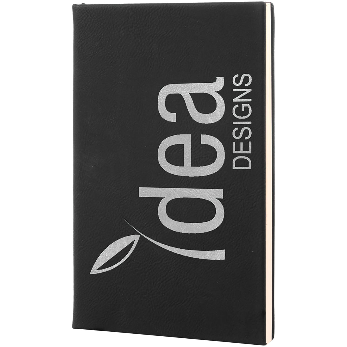 Black leatherette journal laser engraved with an Idea Designs business logo