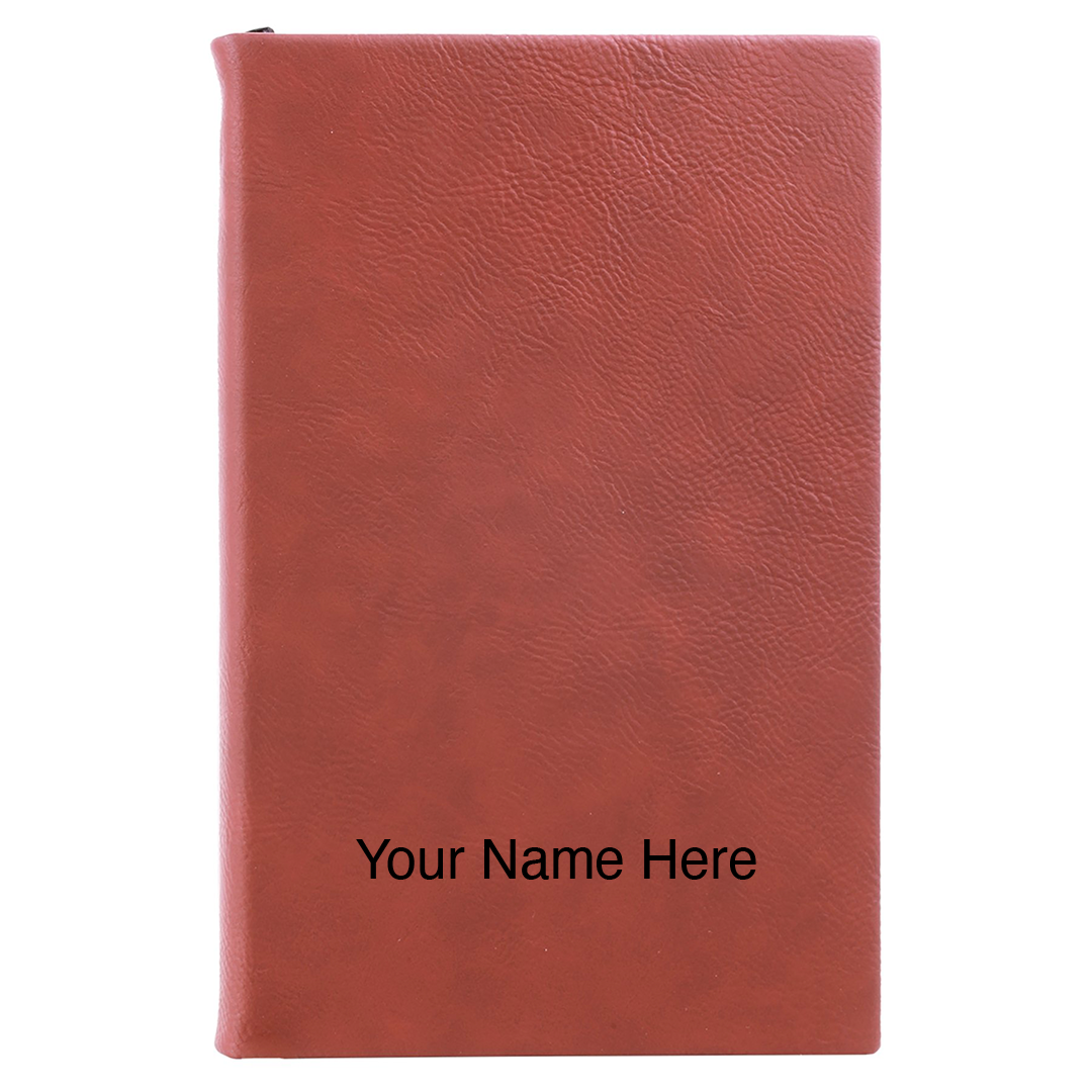 Rose red leatherette journal mockup showing a name engraving placement