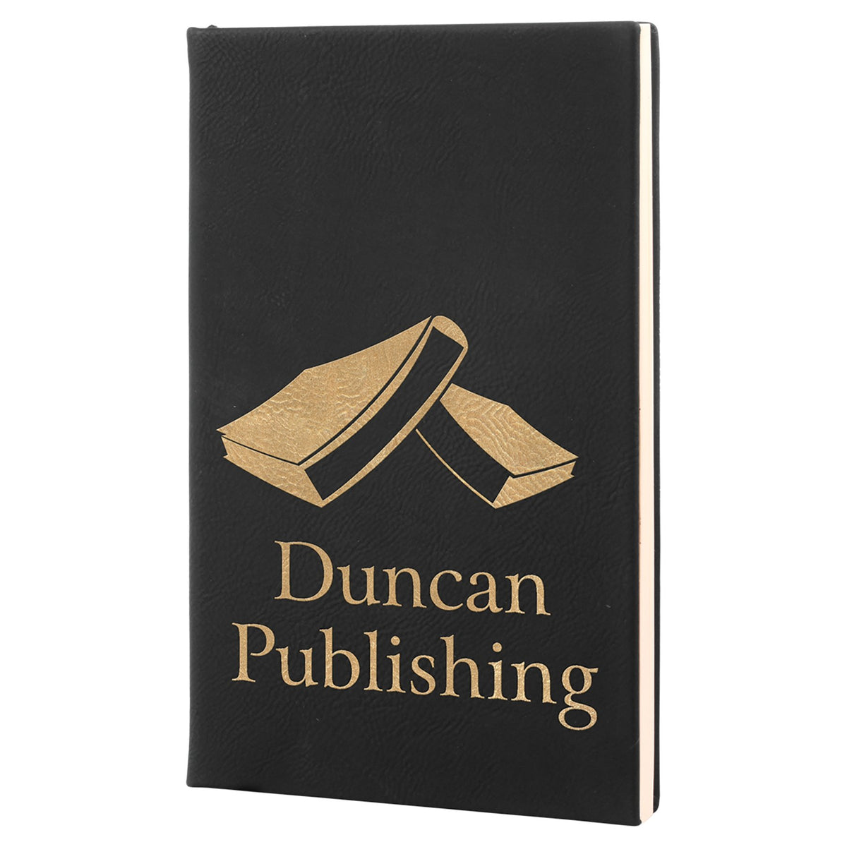 Black leatherette journal engraved in gold with a Duncan Publishing logo