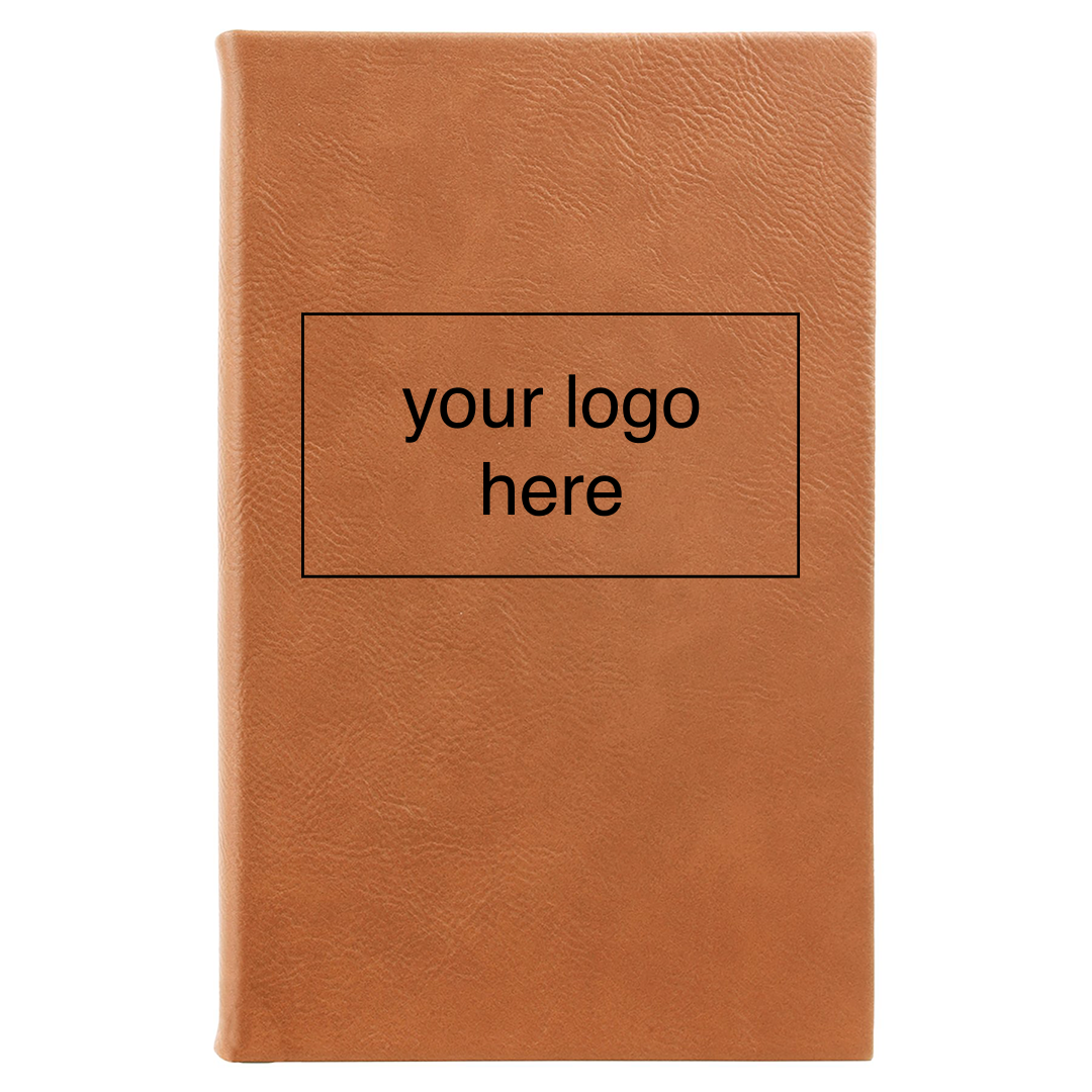 Rawhide leatherette journal mockup showing a logo engraving placement