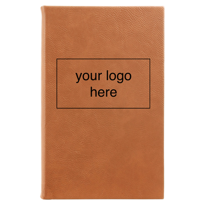 Rawhide leatherette journal mockup showing a logo engraving placement