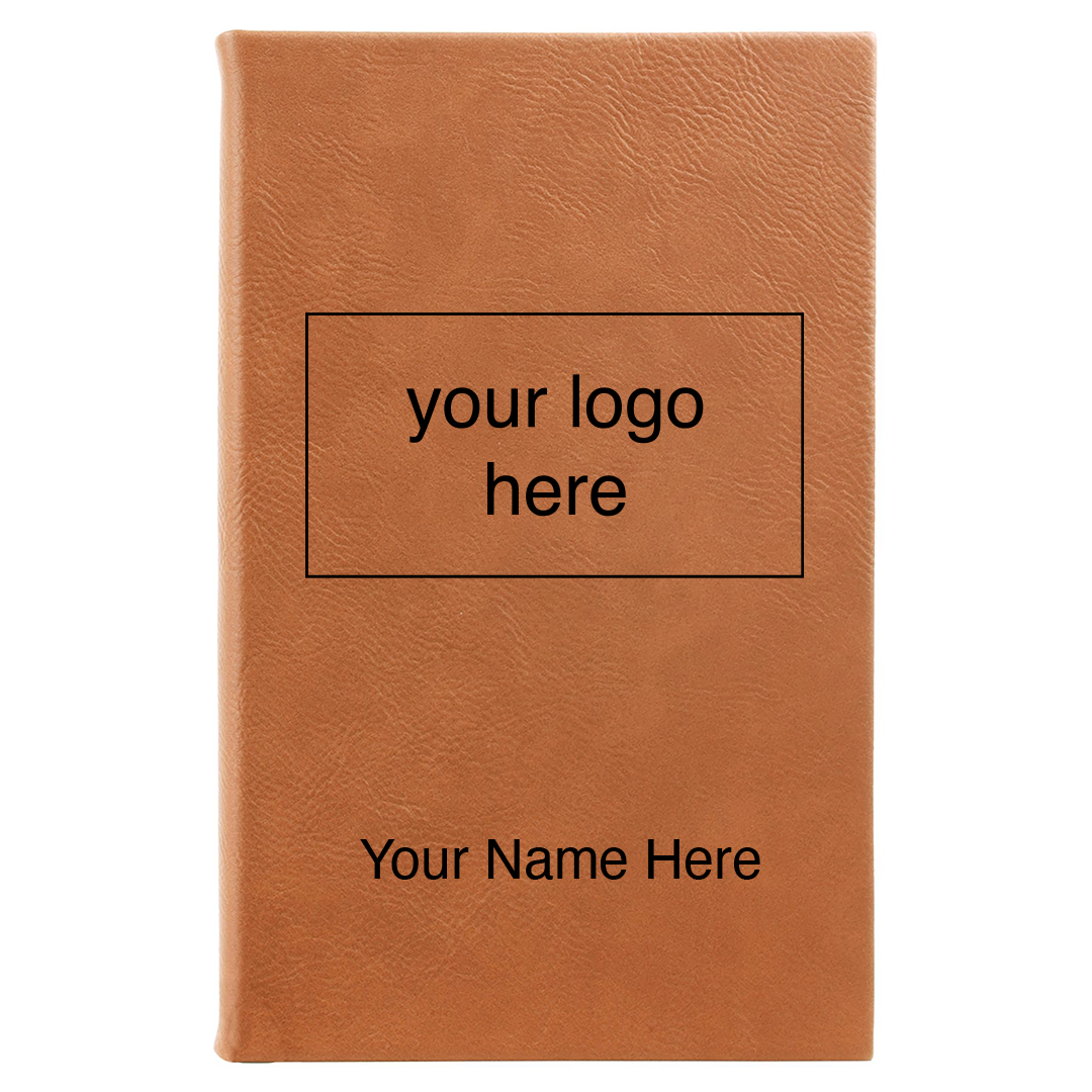 Rawhide leatherette journal mockup showing logo and name engraving placement