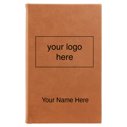 Rawhide leatherette journal mockup showing logo and name engraving placement