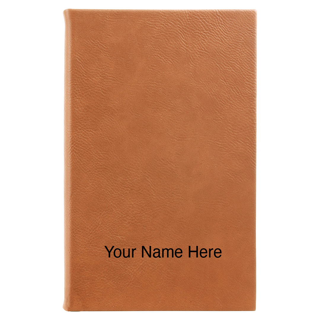 Rawhide leatherette journal mockup showing a name engraving placement