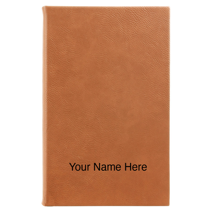Rawhide leatherette journal mockup showing a name engraving placement