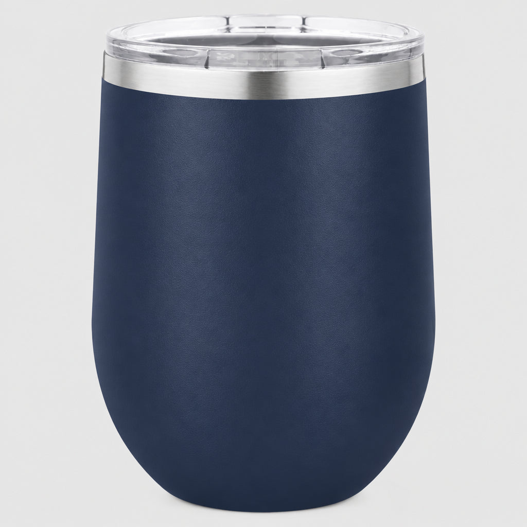 Navy blue insulated 12 oz stemless wine tumbler for custom engraving