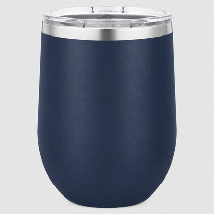 Navy blue insulated 12 oz stemless wine tumbler for custom engraving