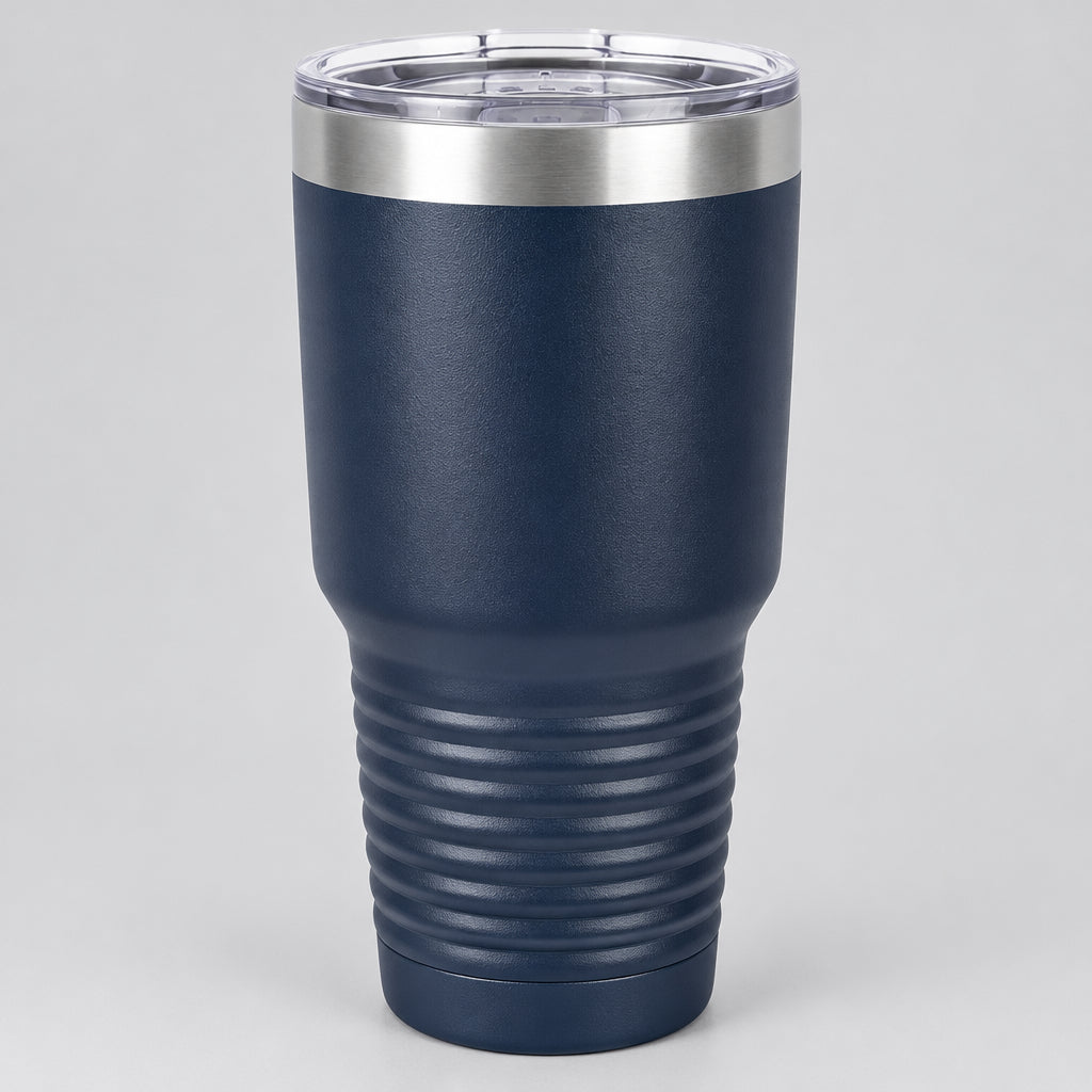 Navy blue 30 oz insulated stainless steel tumbler with clear lid, personalized by Carve & Burn in Miami