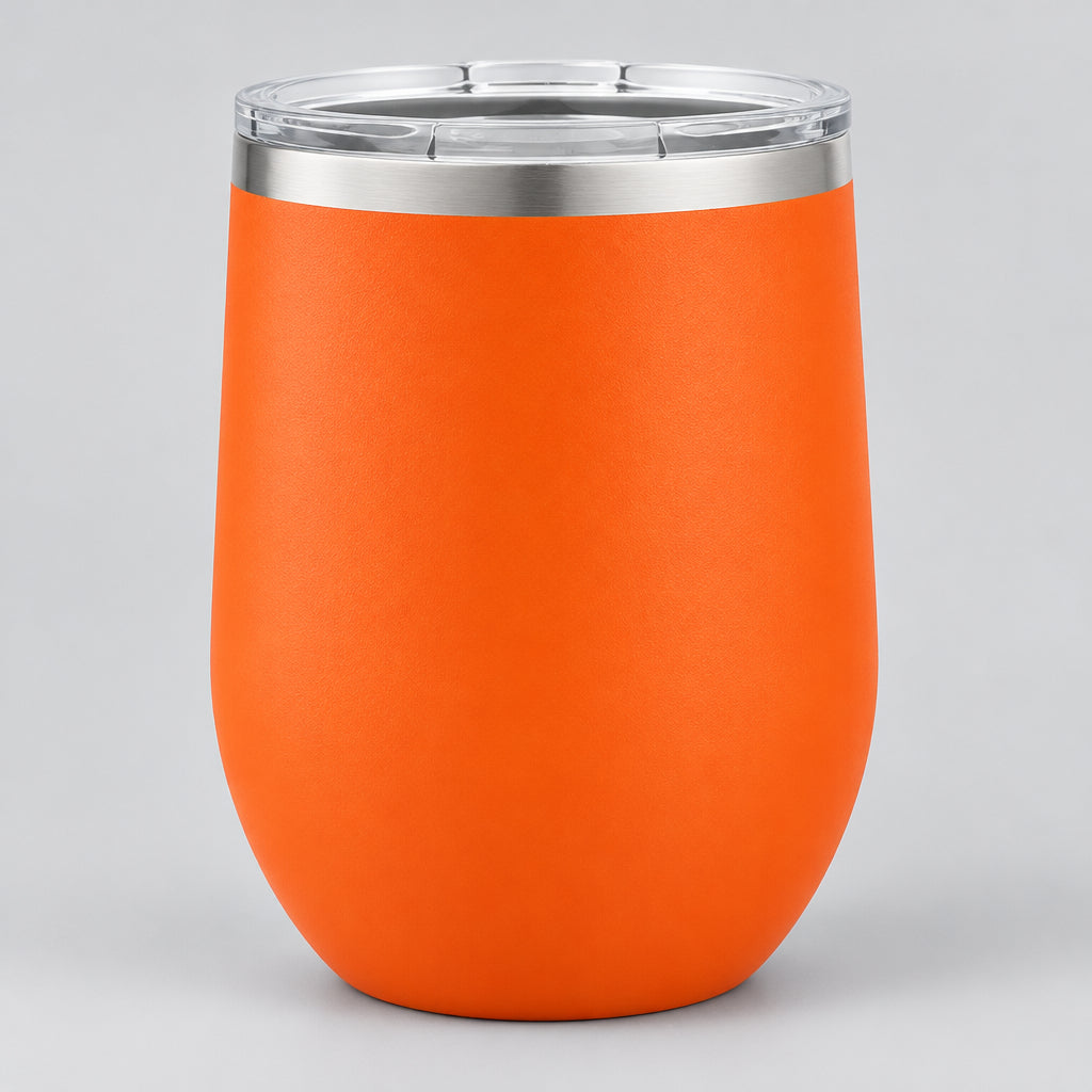 Orange insulated 12 oz stemless wine tumbler for custom engraving