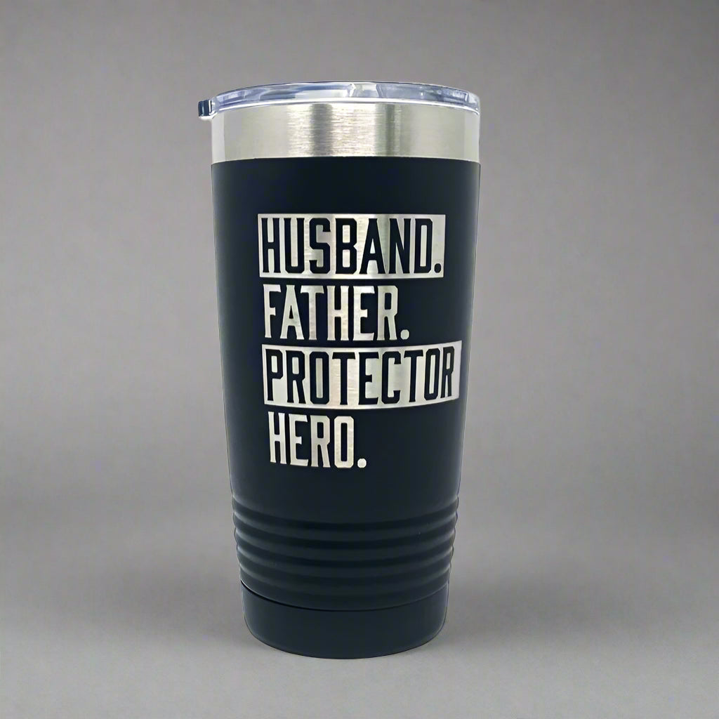 20 oz black tumbler, laser engraved by Carve & Burn in Miami