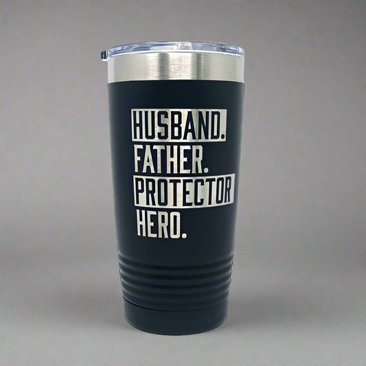 20 oz black tumbler, laser engraved by Carve & Burn in Miami