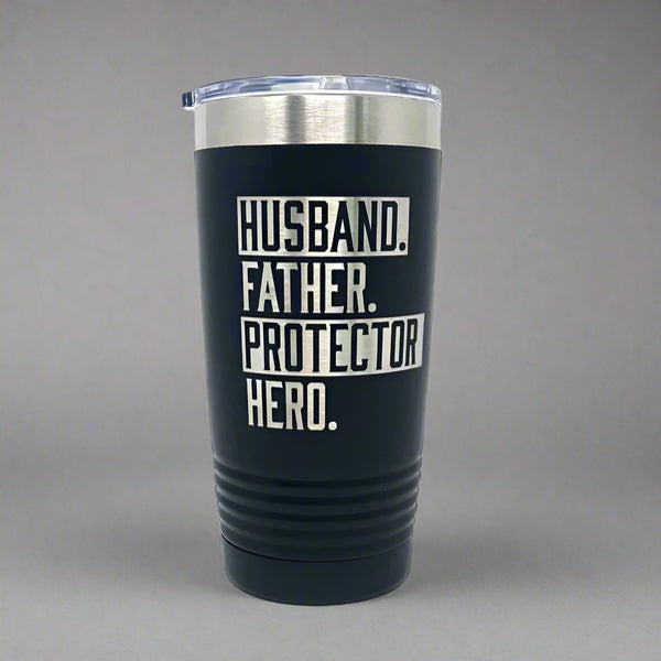 20 oz black tumbler, laser engraved by Carve & Burn in Miami
