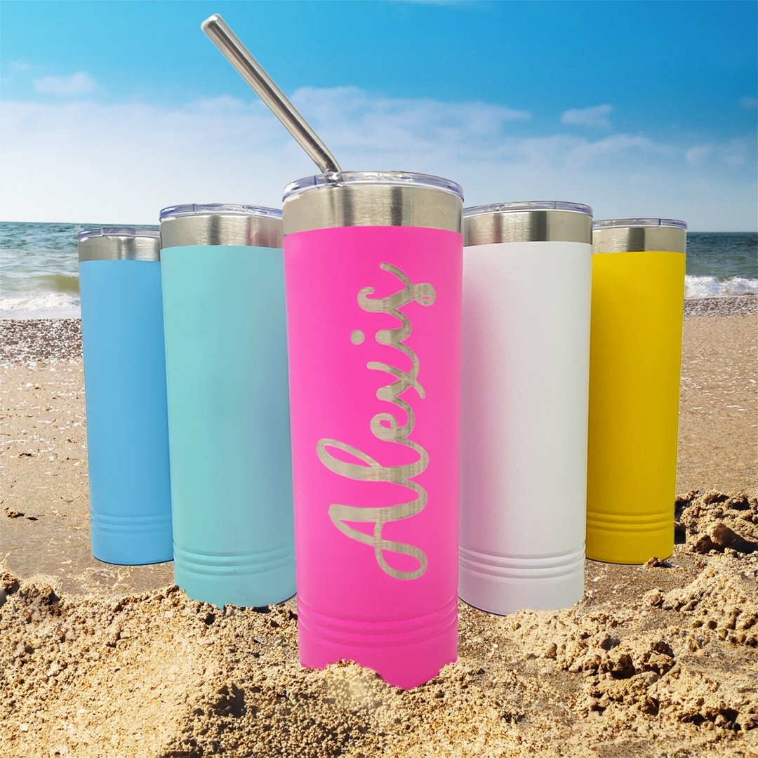 22 oz skinny stainless steel tumbler, laser engraved by Carve & Burn in Miami
