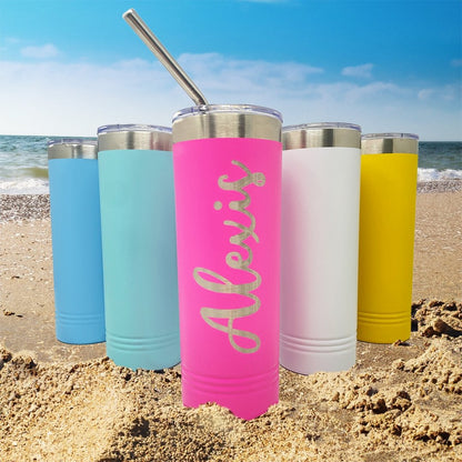 22 oz skinny stainless steel tumbler, laser engraved by Carve & Burn in Miami