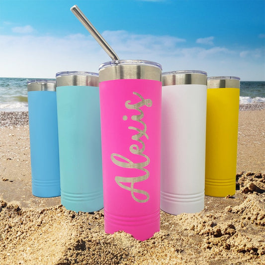 22 oz skinny stainless steel tumbler, laser engraved by Carve & Burn in Miami