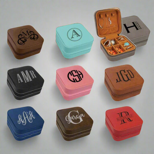 4x4 leatherette travel jewelry box, laser engraved by Carve & Burn in Miami