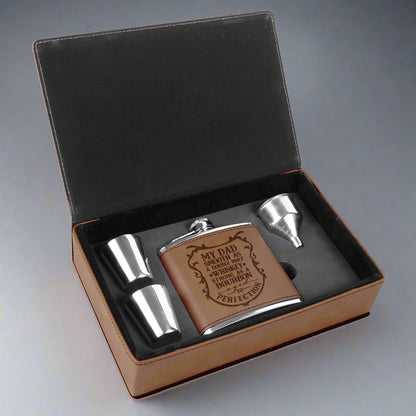 6 oz leatherette flask gift set, laser engraved by Carve & Burn in Miami