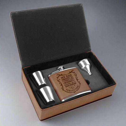 6 oz leatherette flask gift set, laser engraved by Carve & Burn in Miami