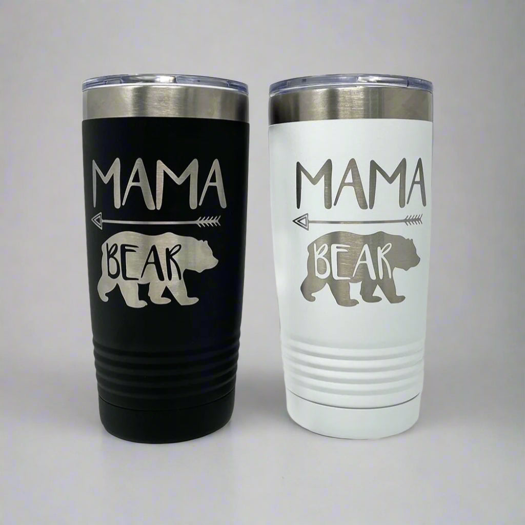 Mama Bear tumbler, laser engraved by Carve & Burn in Miami