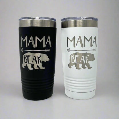 Mama Bear tumbler, laser engraved by Carve & Burn in Miami
