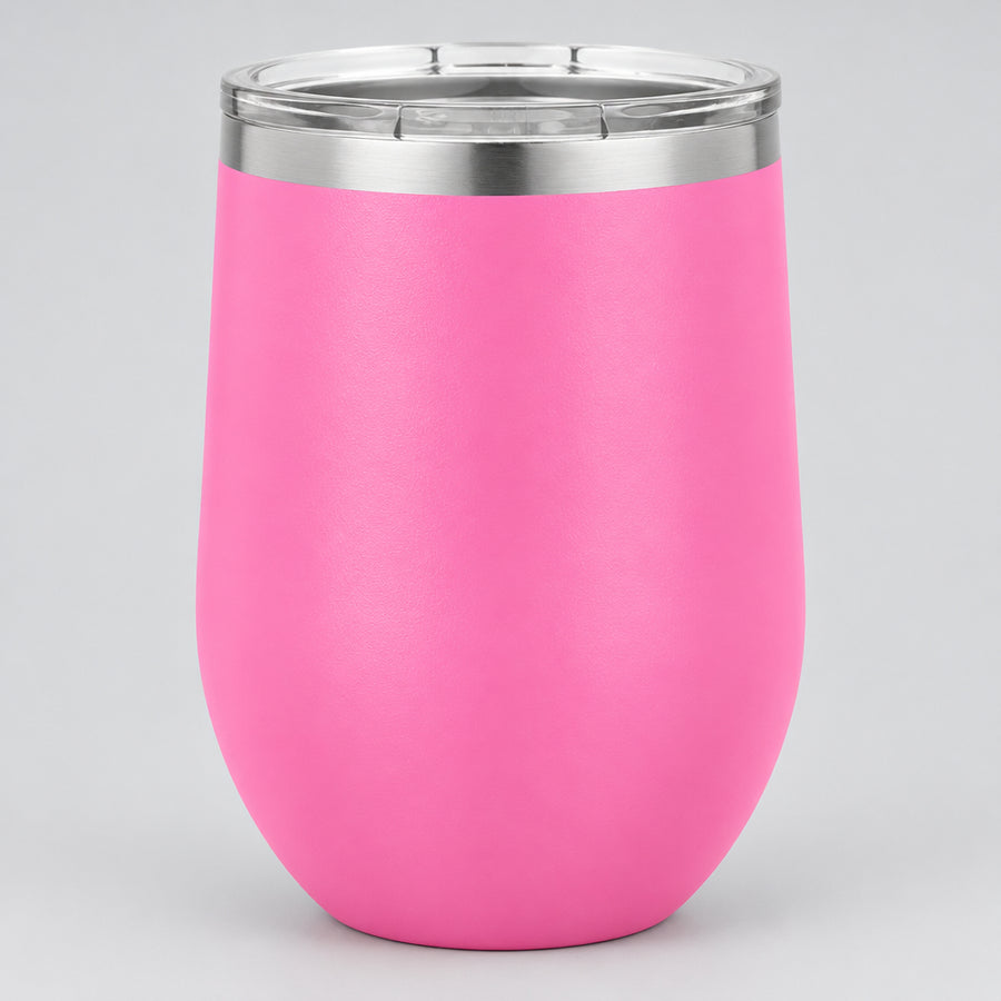 Pink insulated 12 oz stemless wine tumbler, personalized by Carve & Burn in Miami