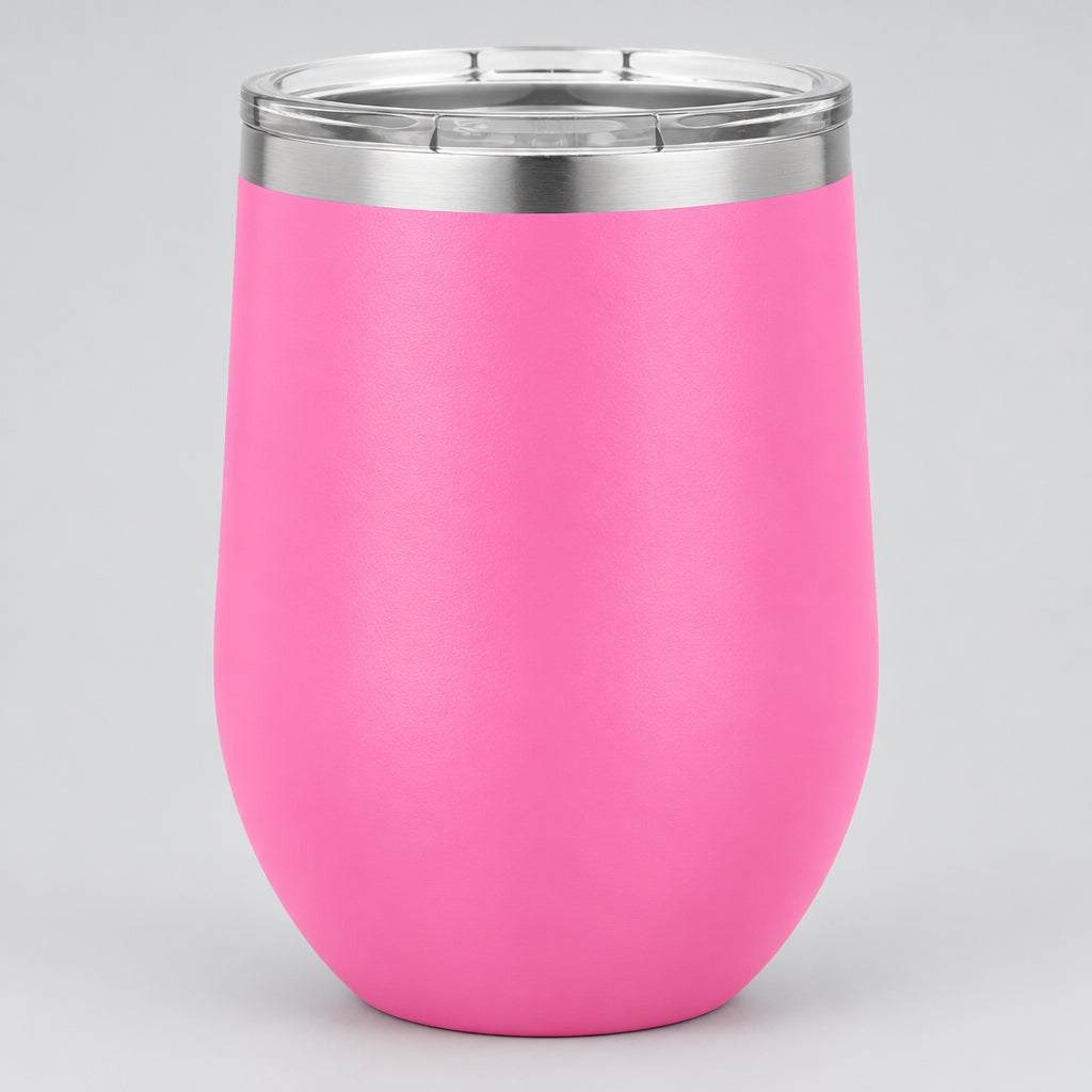 Pink insulated 12 oz stemless wine tumbler, personalized by Carve & Burn in Miami