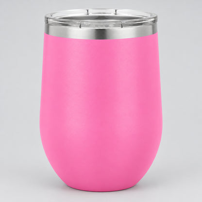 Pink insulated 12 oz stemless wine tumbler, personalized by Carve & Burn in Miami