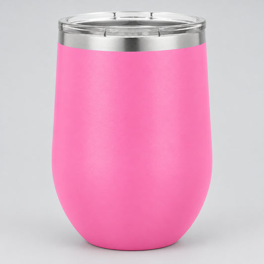 Pink insulated 12 oz stemless wine tumbler, personalized by Carve & Burn in Miami