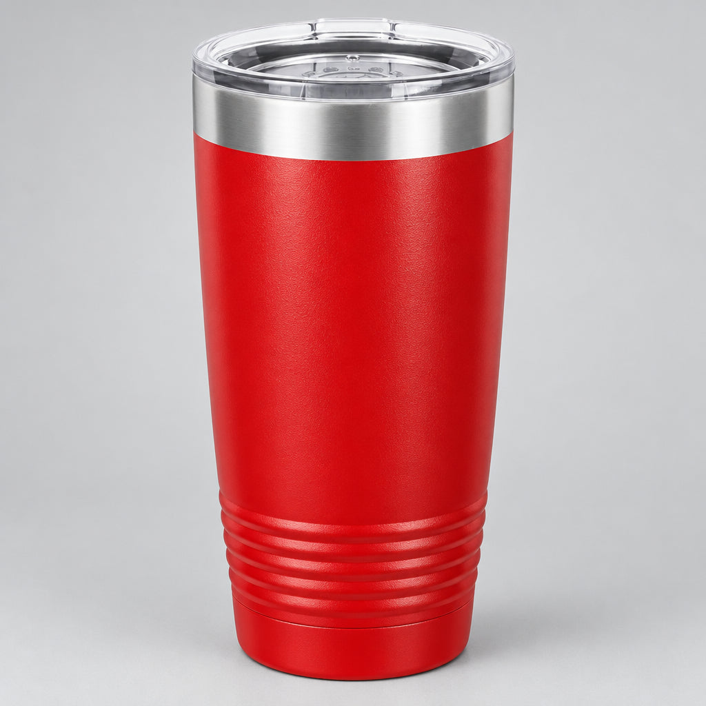 Red 20 oz insulated stainless steel tumbler, blank and ready for custom laser engraving at Carve & Burn in Miami