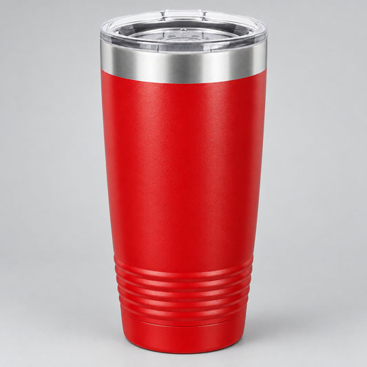 Red 20 oz insulated stainless steel tumbler, blank and ready for custom laser engraving at Carve & Burn in Miami
