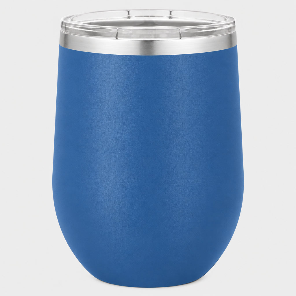 Royal blue insulated 12 oz stemless wine tumbler for custom engraving