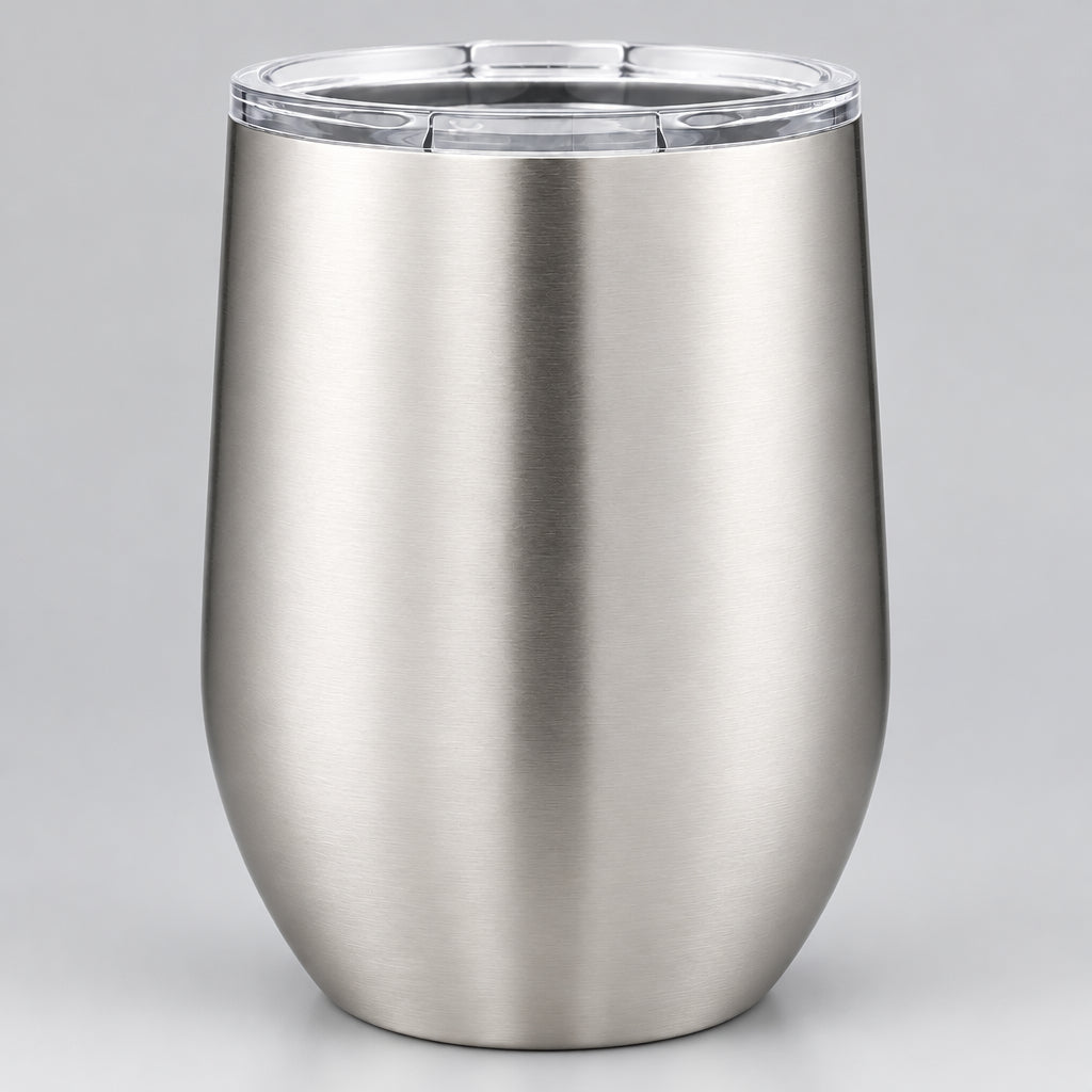 Brushed stainless steel insulated 12 oz stemless wine tumbler for custom engraving
