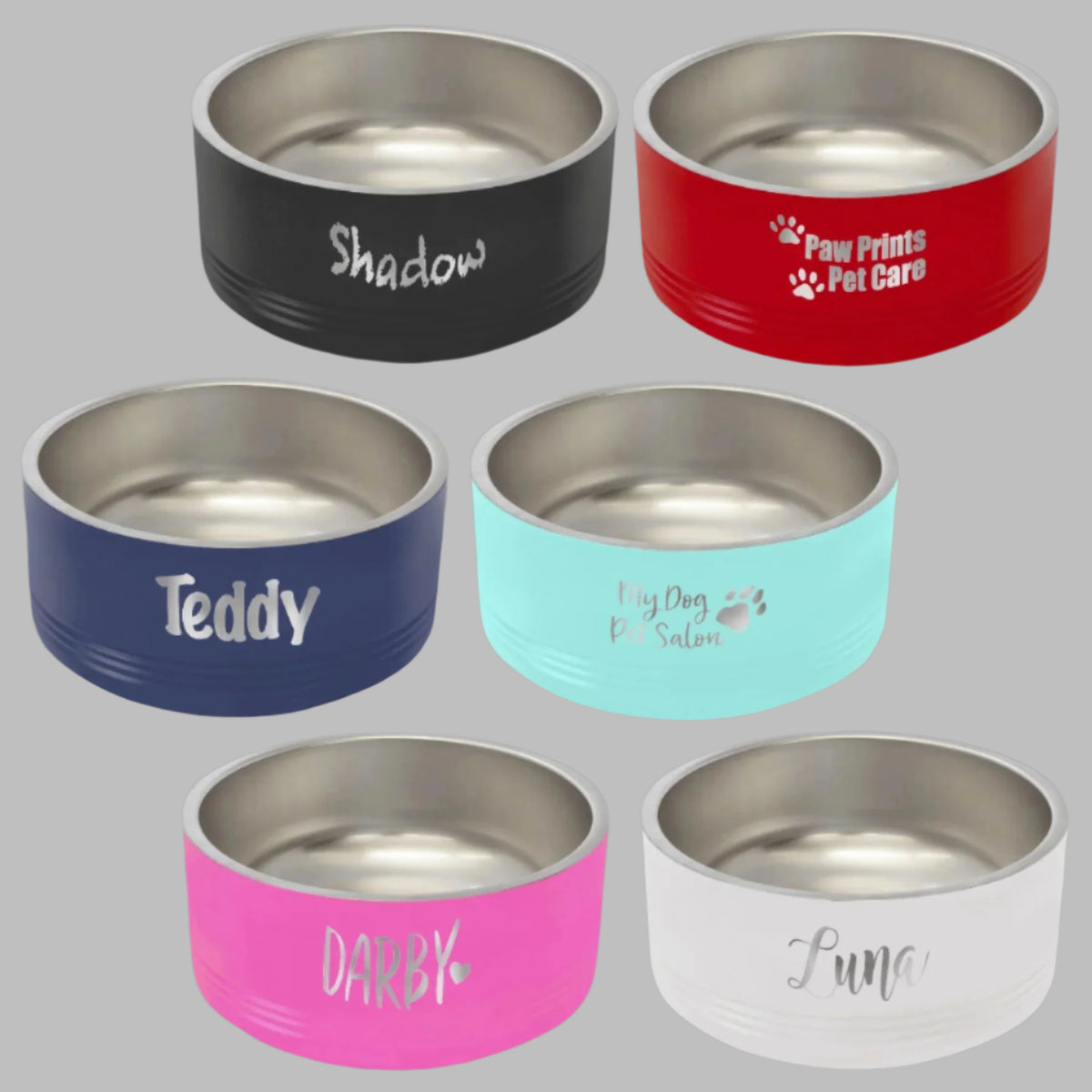 Six stainless steel pet bowls in assorted colors engraved with pet names like Teddy