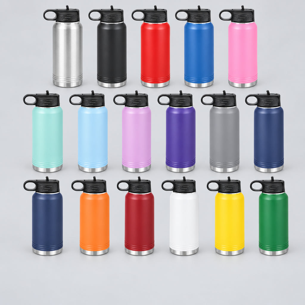 Stainless steel water bottles lined up in an assortment of colors